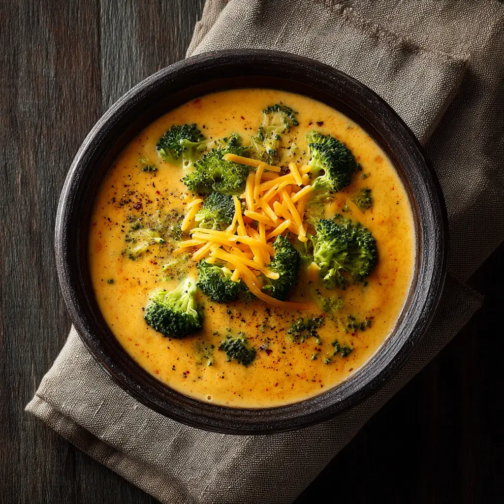 A spoonful of rich and cheesy broccoli cheddar soup being lifted from a bowl, showing off its velvety texture.