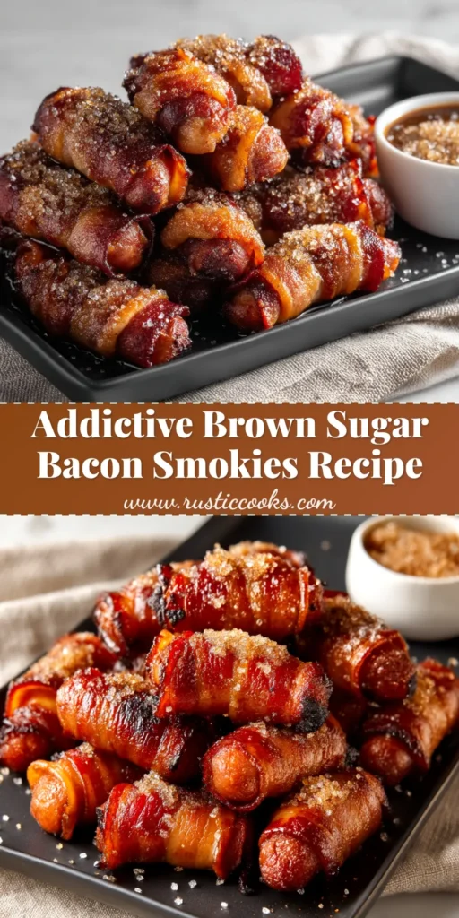 A heaping plate of perfectly caramelized Brown Sugar Bacon Wrapped Smokies, glistening under a sweet glaze and ready to be served as a party appetizer.