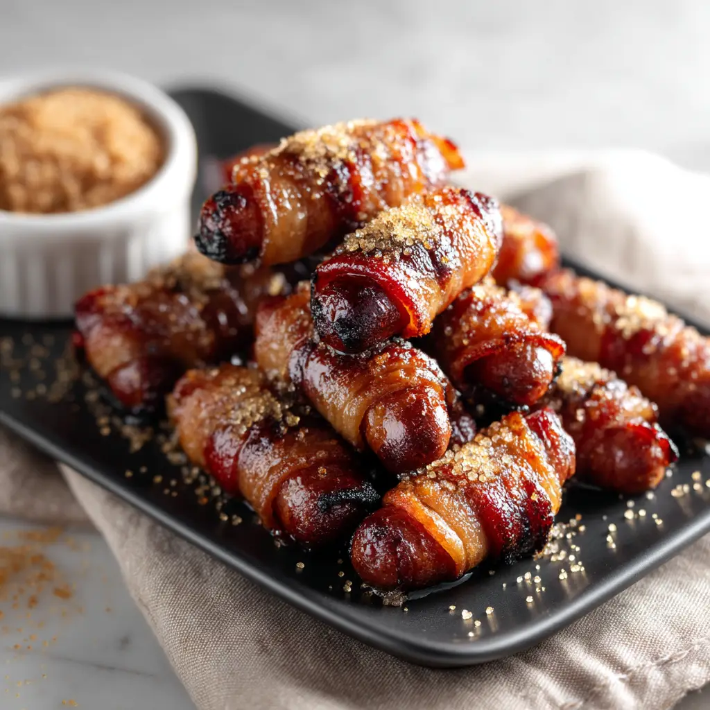A close-up view of candied bacon wrapped smokies on a white serving platter, showing the crispy texture of the bacon and the shiny glaze.