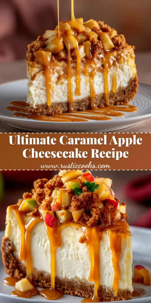 A perfect slice of homemade Caramel Apple Cheesecake on a white plate, drizzled with rich caramel sauce, showcasing its creamy texture and spiced apple topping.