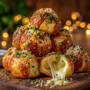 A heaping pile of golden brown cheesy garlic bombs in a rustic serving dish, ready to be pulled apart and eaten.