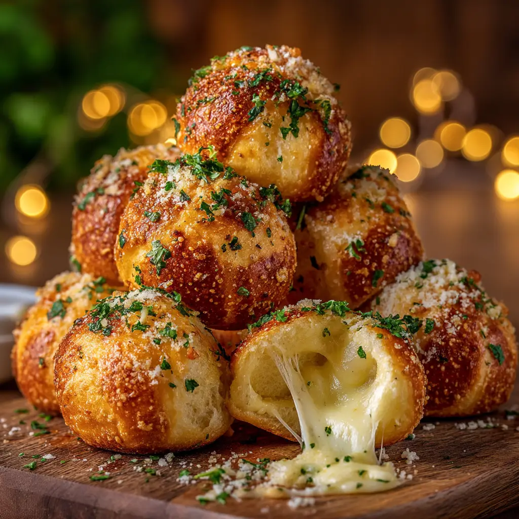 Garlic Butter Cheese Bombs (The Easiest, Cheesiest Appetizer) 2 A heaping pile of golden brown cheesy garlic bombs in a rustic serving dish, ready to be pulled apart and eaten.