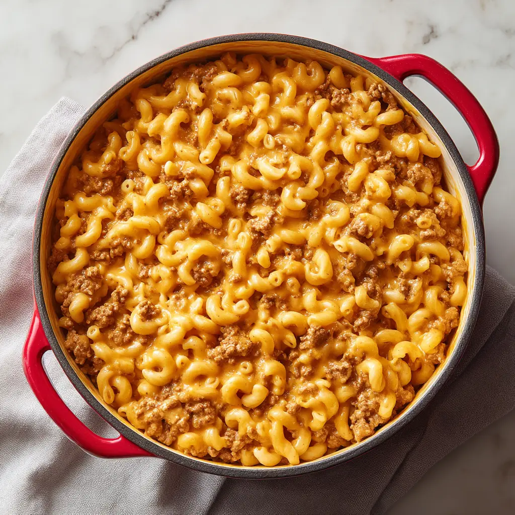 Homemade Hamburger Helper (Better Than The Box!) 1 A spoonful of homemade hamburger helper being lifted from a skillet, showing off the gooey cheese pull and rich beef sauce.