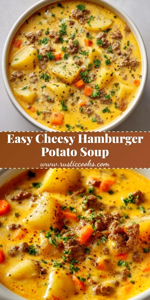 Cheesy Hamburger Potato Soup (The Ultimate One-Pot Recipe) 3 A large white bowl filled with creamy Cheesy Hamburger Potato Soup, garnished with shredded cheddar and fresh chives. A spoon rests in the bowl.