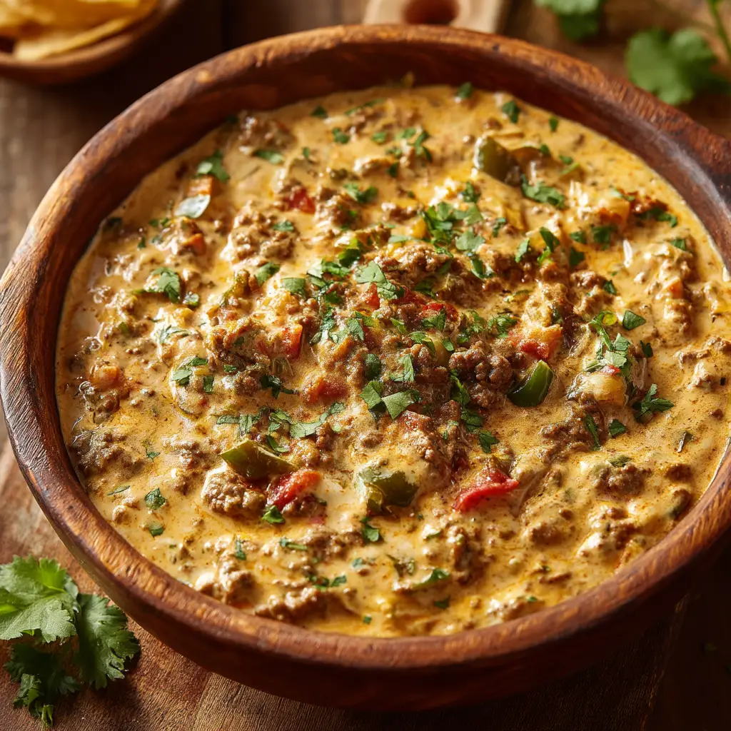 An extreme close-up of thick, cheesy slow cooker Rotel dip, highlighting the creamy texture and bits of tomato and green chilies.