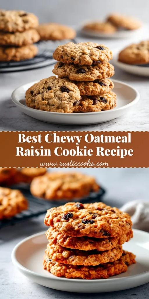 Chewy Oatmeal Raisin Cookies: The Only Recipe You'll Need 3 A close-up shot of perfectly baked chewy oatmeal raisin cookies stacked on a wire rack, with one broken in half to show the soft, moist texture inside.