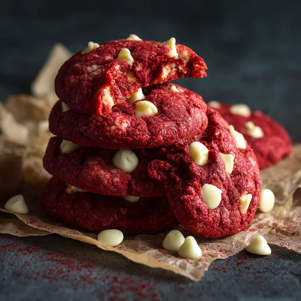 Red Velvet Cookies Recipe (Chewy & Easy) 2 An overhead shot of a stack of chewy red velvet cookies from scratch, showcasing their vibrant color and soft texture.