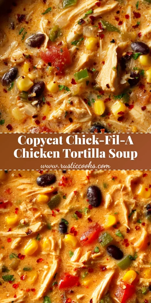 A vibrant bowl of creamy Chick Fil A Chicken Tortilla Soup, topped with crispy tortilla strips, shredded cheese, and fresh cilantro. A spoon is lifting a bite out of the bowl.