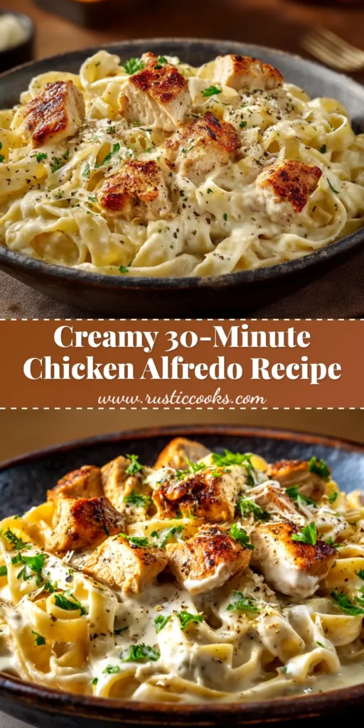 Chicken Alfredo Recipe (Easy, Creamy & Better Than a Restaurant!) 4 A close-up overhead shot of a white bowl filled with creamy Chicken Alfredo Recipe, topped with sliced chicken, fresh parsley, and grated parmesan cheese.