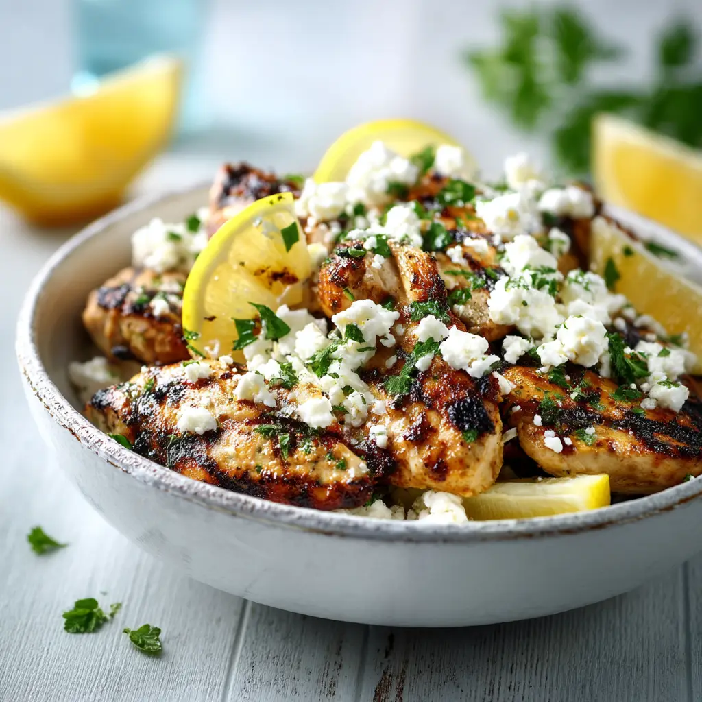 Marinated Greek chicken breasts sizzling in a hot skillet, developing a beautiful golden-brown crust.