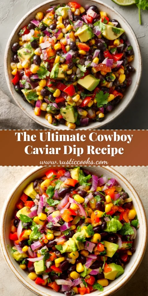 A large white bowl filled with a colorful Cowboy Caviar Recipe, served with a side of tortilla chips for dipping. The perfect party appetizer.