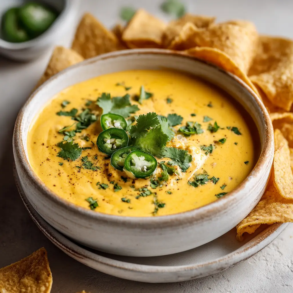 High Protein Cottage Cheese Queso (The Ultimate Healthy Dip) 2 A creamy, blended cottage cheese cheese sauce in a saucepan, being stirred until smooth and melted.