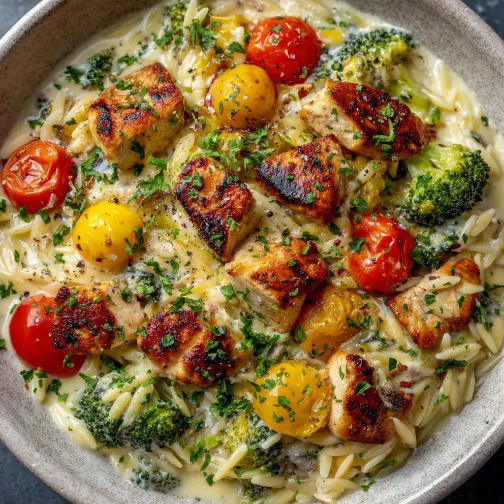An extreme close-up overhead shot of the creamy Boursin orzo pasta. A spoon is lifting a portion, showing the cheesy sauce coating every piece of orzo and bits of burst tomato.