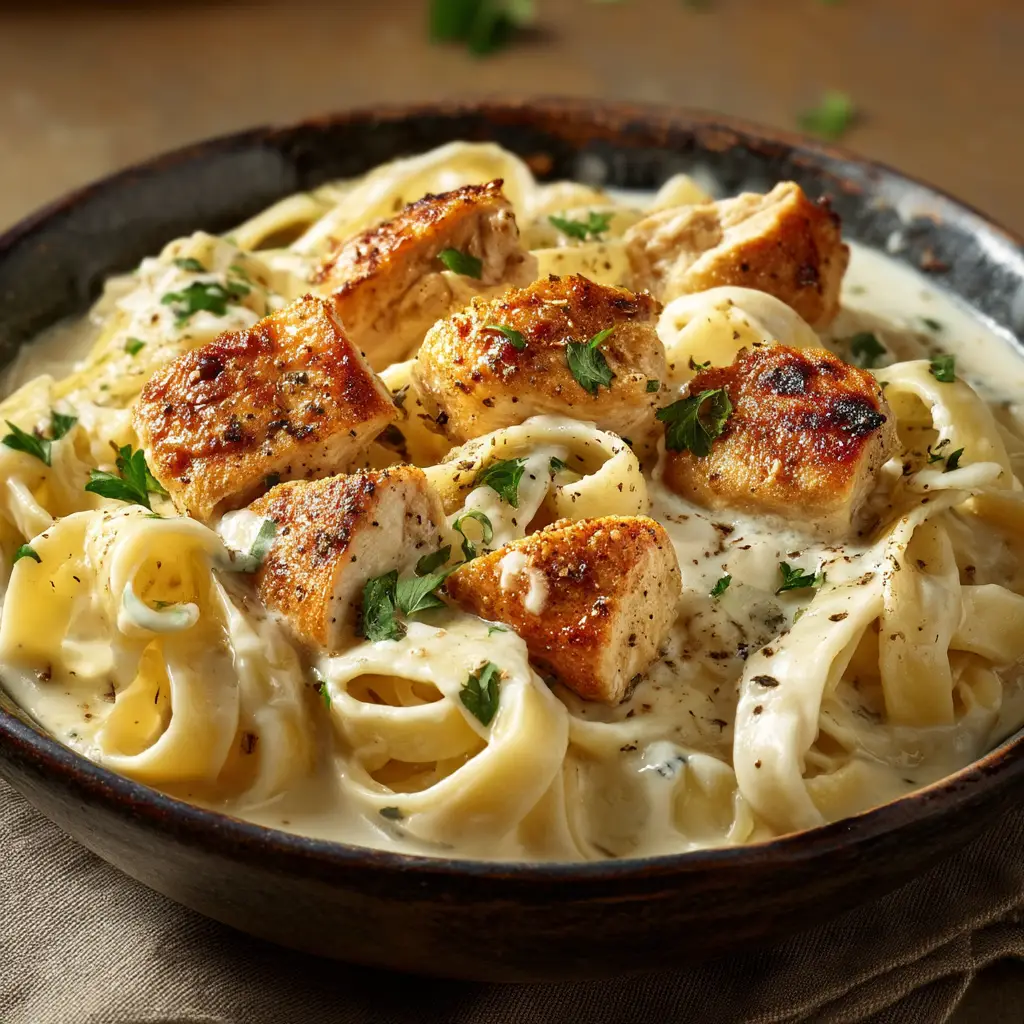 A close-up shot of creamy fettuccine alfredo being twirled on a fork, showing the rich texture of the homemade alfredo sauce.