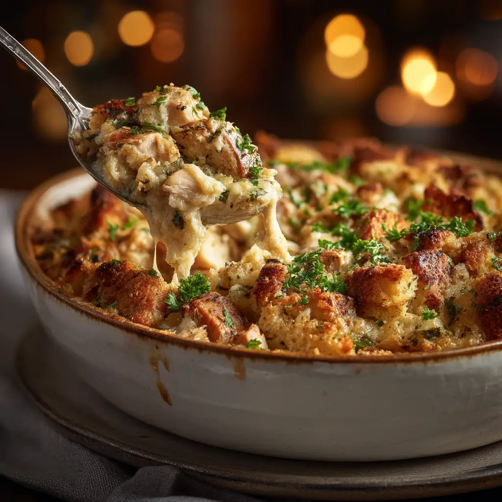 A scoop of creamy chicken and stuffing casserole on a white plate, showing the tender chicken and vegetable filling.