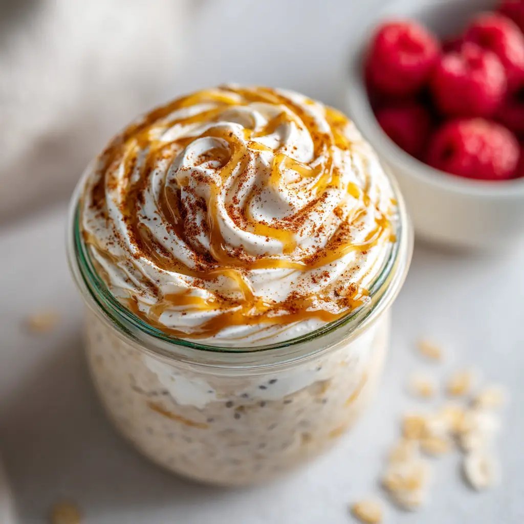 High Protein Cinnamon Roll Overnight Oats (The Best!) 1 A close-up shot of the finished high protein cinnamon roll overnight oats, layered in a jar and topped with cream cheese frosting.