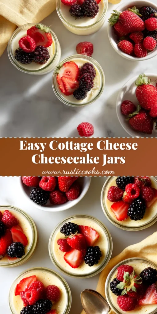 A slice of creamy, high-protein cottage cheese cheesecake on a white plate, topped with fresh berries. The cheesecake has a golden graham cracker crust.