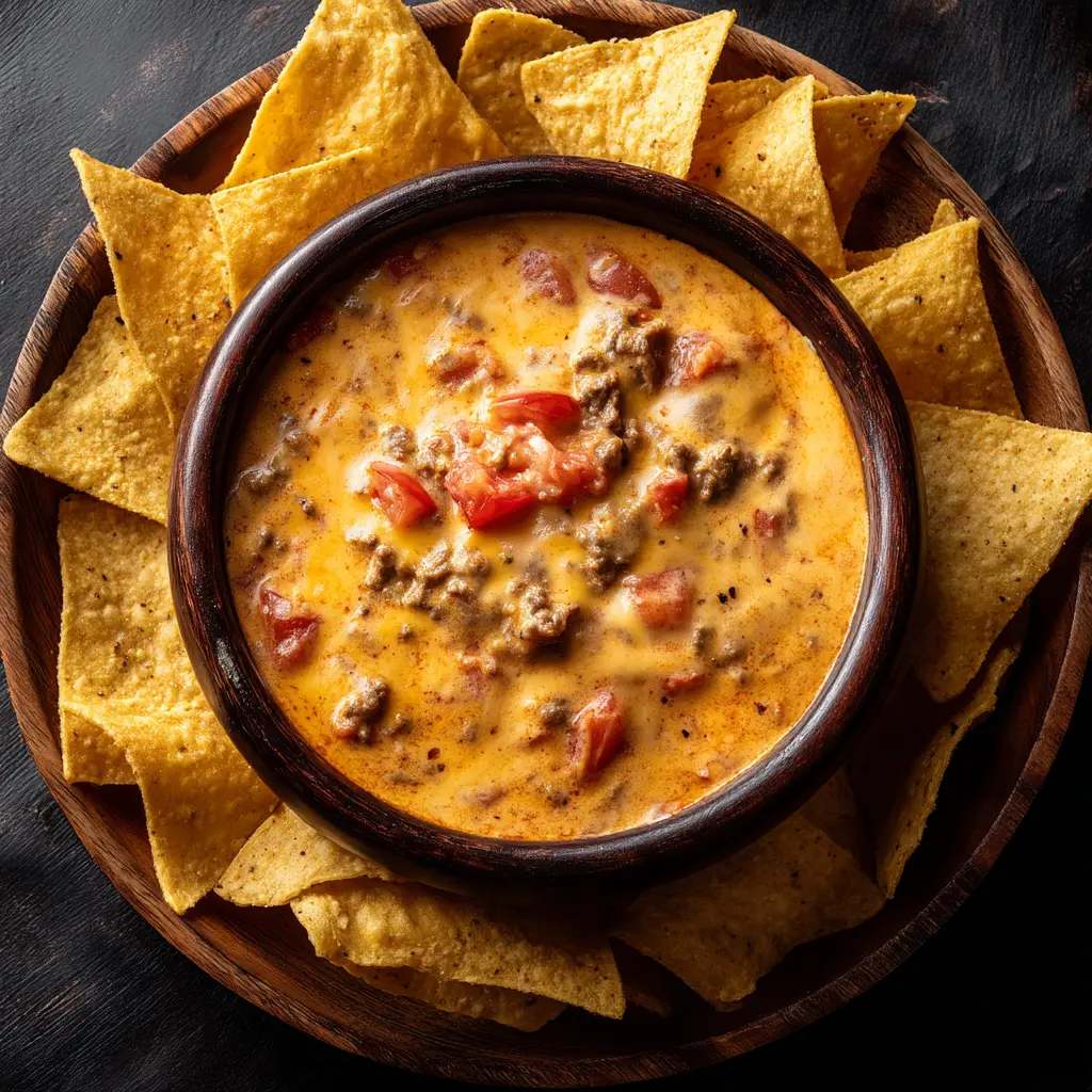 A close-up overhead shot of thick and creamy Crockpot Rotel Dip in a slow cooker, showing its rich texture.