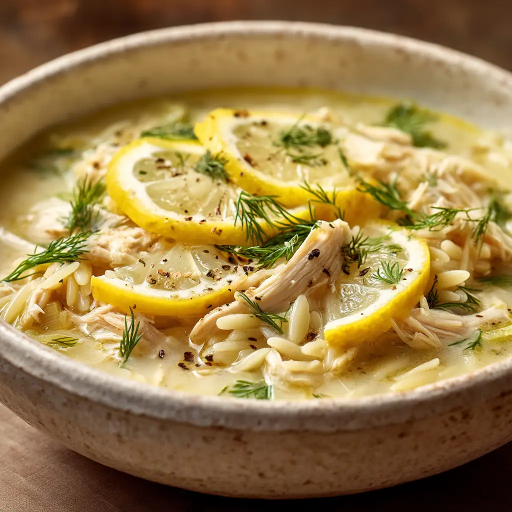 Greek Lemon Chicken Soup (Authentic Avgolemono) 2 A rustic off-white bowl filled with creamy Greek Lemon Chicken Soup with orzo, garnished with fresh herbs, sitting on a wooden surface.
