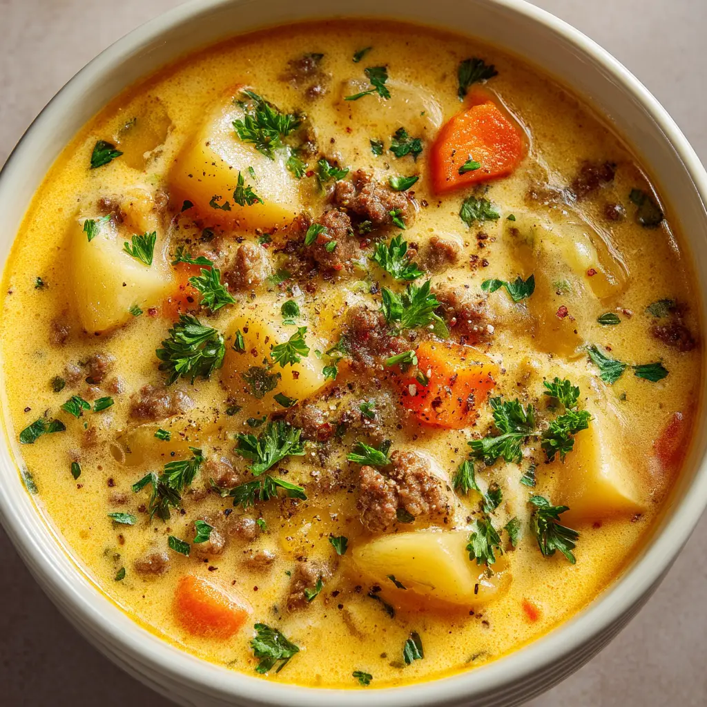 Cheesy Hamburger Potato Soup (The Ultimate One-Pot Recipe) 2 A close-up macro shot of the creamy ground beef potato soup, showing tender chunks of potato, savory ground beef, and melted cheese.