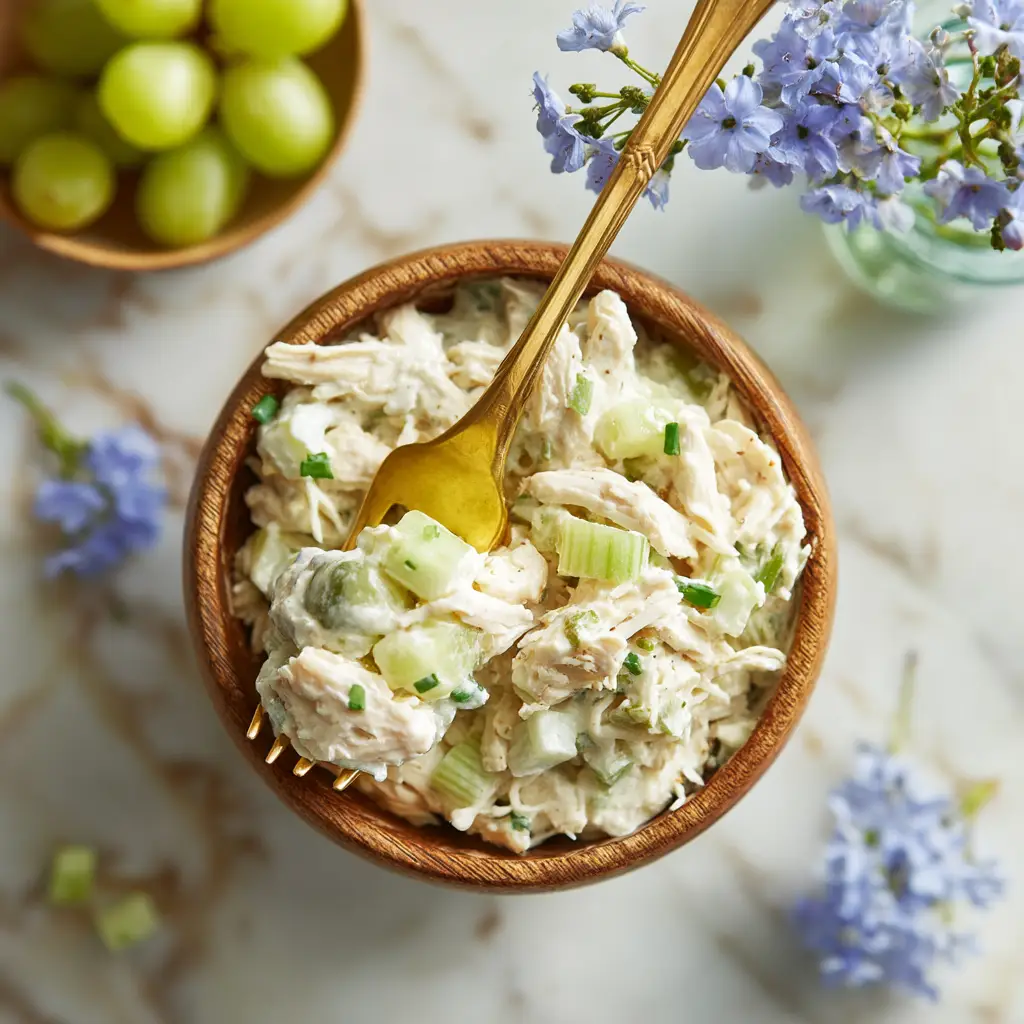 An overhead close-up shot of creamy chicken salad with Greek yogurt, showing the texture of the shredded chicken and fresh herbs.