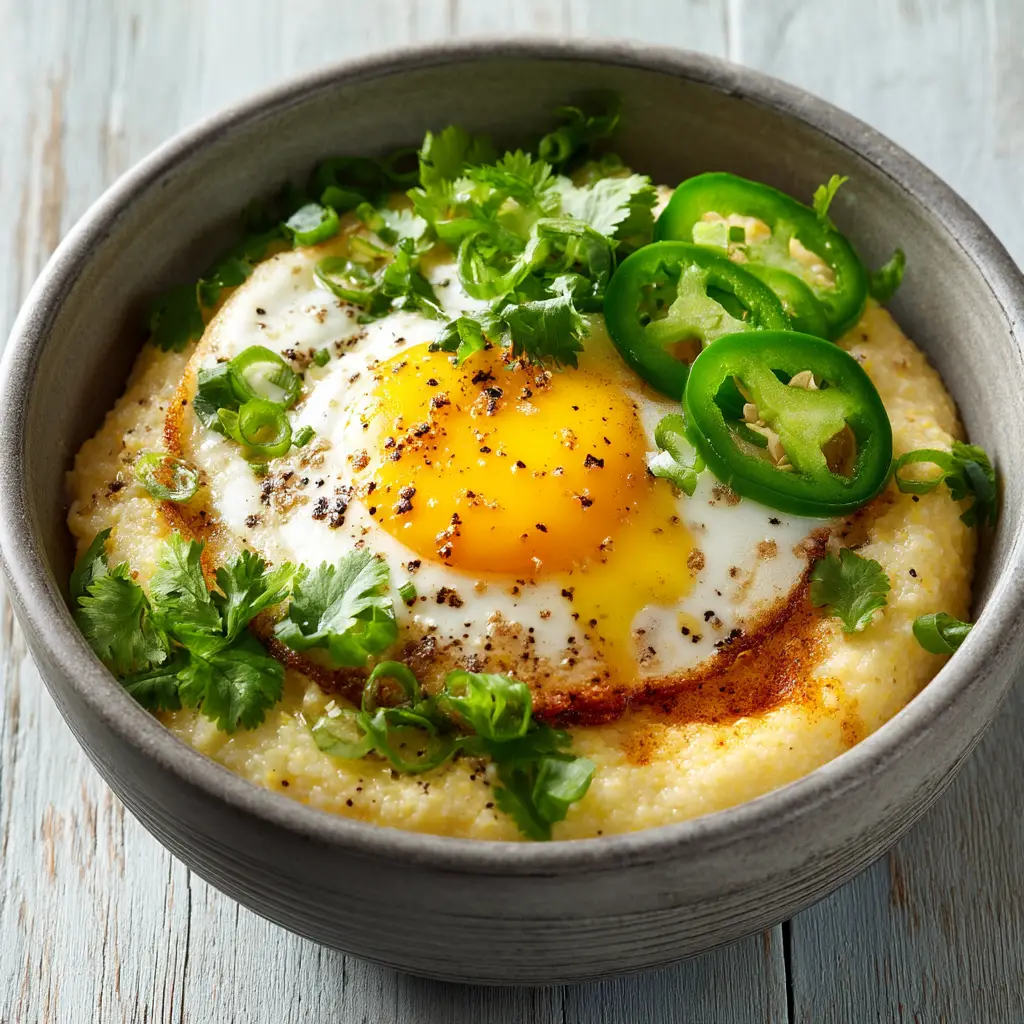 A spoonful of creamy jalapeno cheddar grits being lifted from a rustic bowl, showing off its rich and smooth texture.