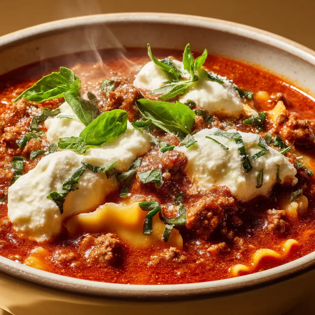 Lasagna Soup: The Ultimate One-Pot Comfort Meal 1 Another perspective of the creamy lasagna soup recipe, with a spoonful being lifted from the bowl, showing the melted cheese.