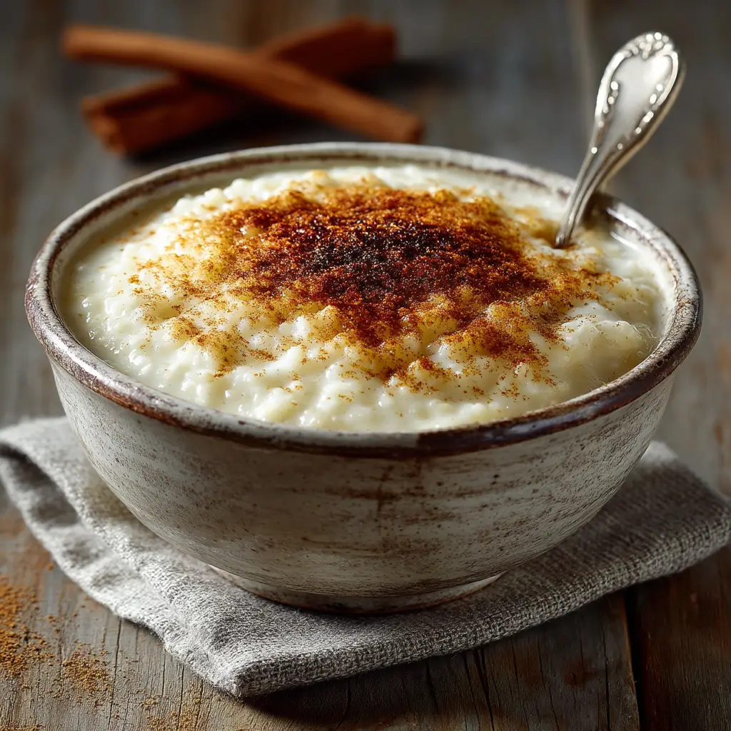 A rustic white ceramic bowl filled with creamy rice pudding made from cooked rice, with a spoon resting inside.