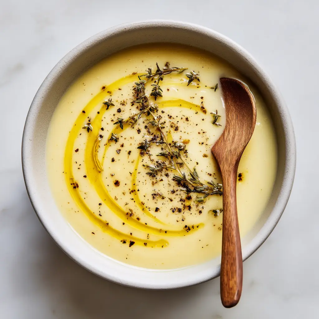 An overhead shot of a white bowl filled with creamy yellow potato leek soup, garnished with fresh chives. The soup is smooth and inviting.