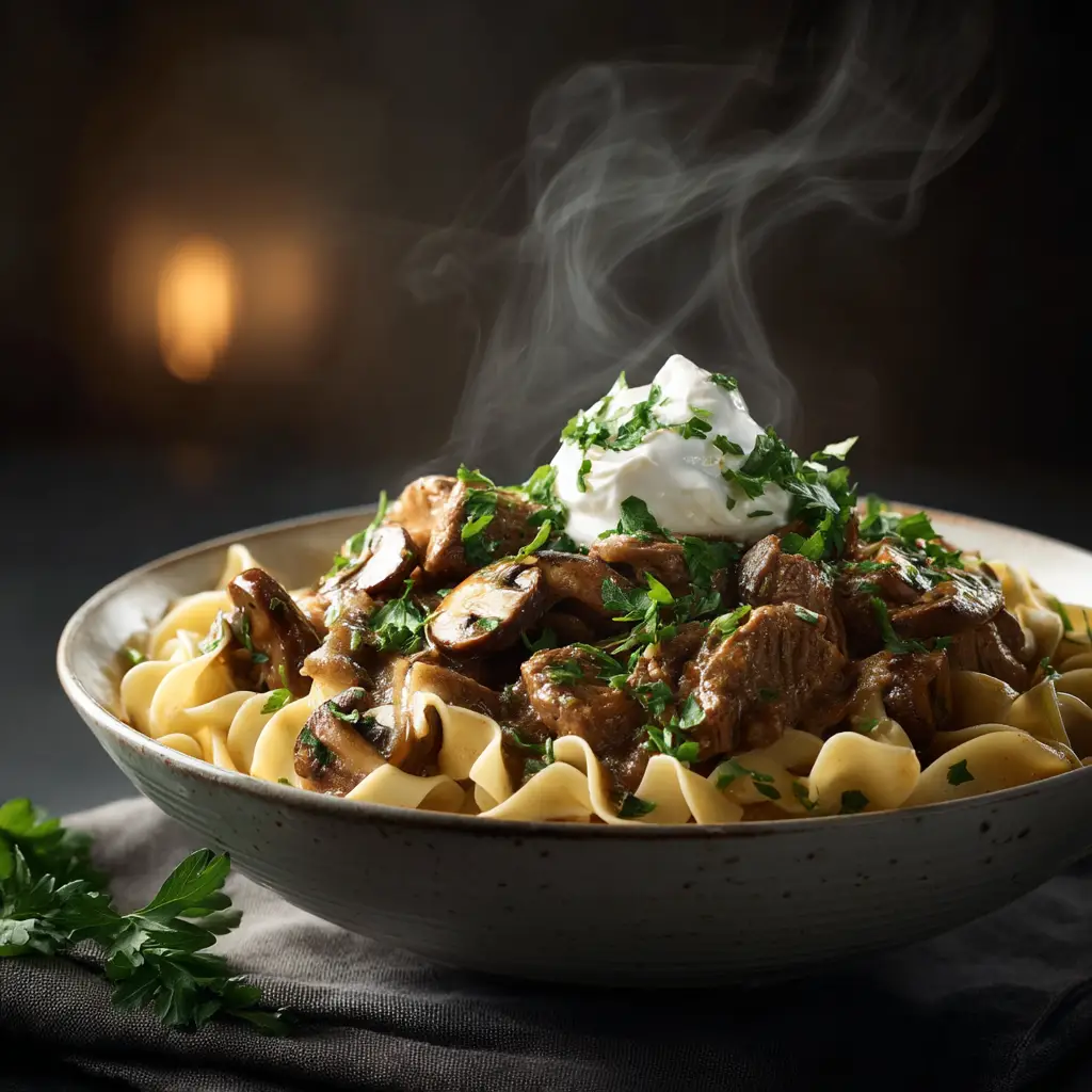 A rustic white bowl filled with creamy pressure cooker beef stroganoff, showing tender beef chunks and sliced mushrooms in a light-colored sauce.