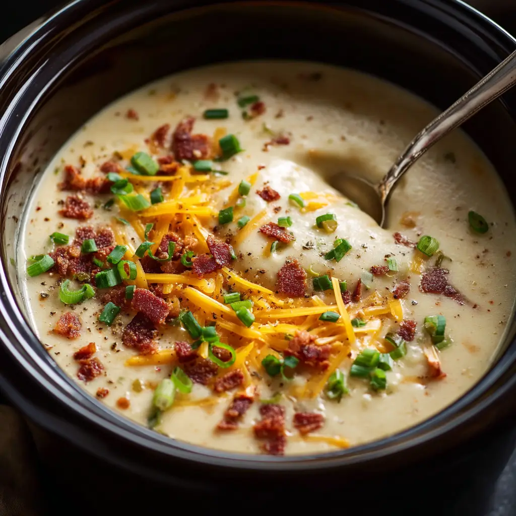 An overhead shot of a thick and creamy potato soup in a rustic bowl, highlighting its rich texture before serving.