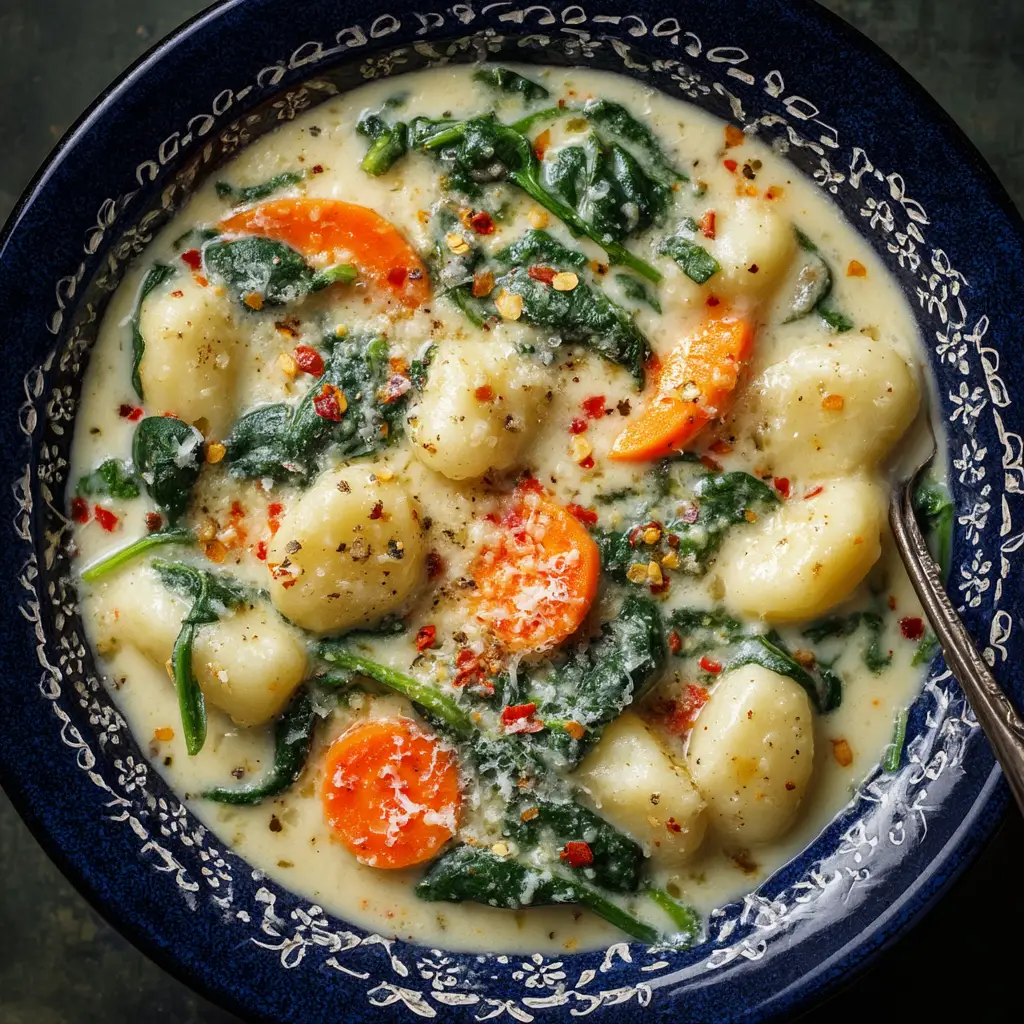 An overhead shot of a rustic bowl filled with creamy vegetable gnocchi soup, showcasing the tender gnocchi and chunks of carrots.