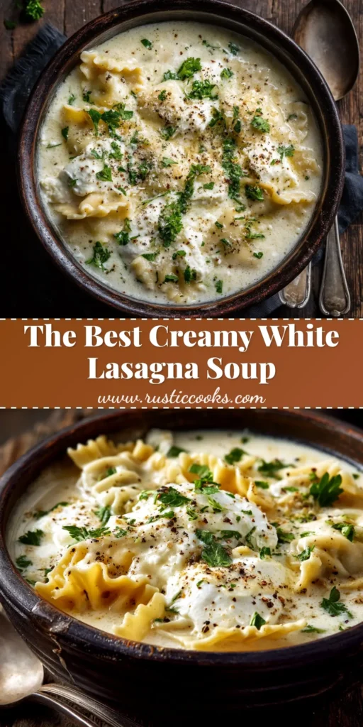 A bowl of creamy White Lasagna Soup topped with ricotta and fresh parsley, with a spoon ready to dig in. A cozy and easy one-pot recipe.