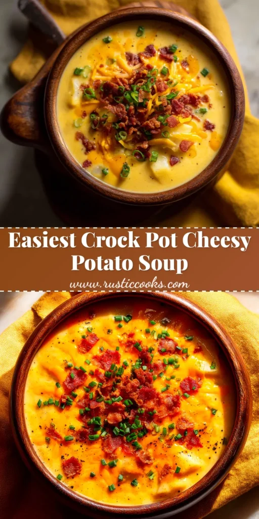 Crock Pot Cheesy Potato Soup: The Ultimate Comfort Meal 4 A bowl of creamy Crock Pot Cheesy Potato Soup topped with bacon and chives, ready to be pinned.