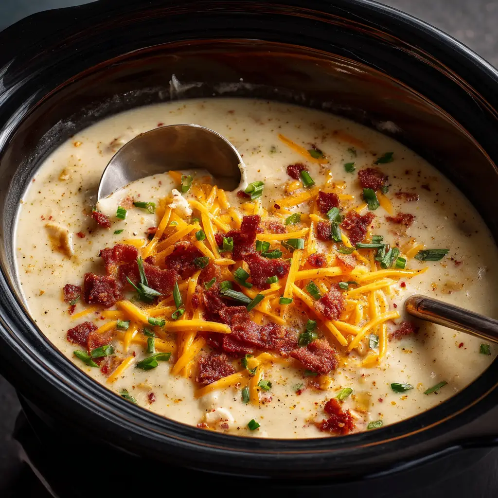 A close-up of a spoonful of crock pot potato soup, showing the chunks of tender potato and creamy base.