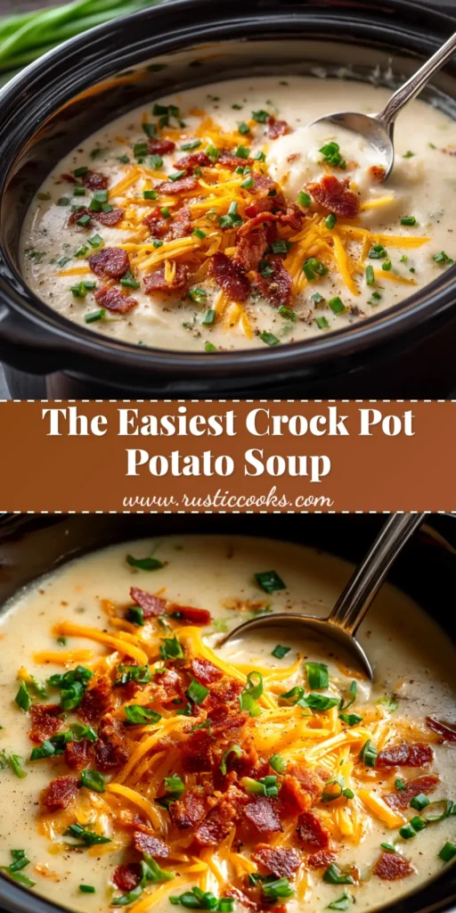 A bowl of creamy Crock Pot Potato Soup topped with shredded cheddar cheese, crispy bacon, and fresh chives, ready to be pinned.