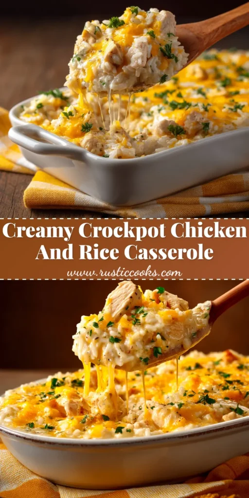 An overhead shot of a finished Crockpot Chicken and Rice Casserole in a slow cooker, topped with melted cheese and fresh parsley.