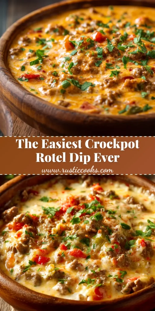 A shareable pin image of Crockpot Rotel Dip, showing the cheesy, delicious dip in a bowl with tortilla chips ready for dipping. The ultimate party appetizer recipe.