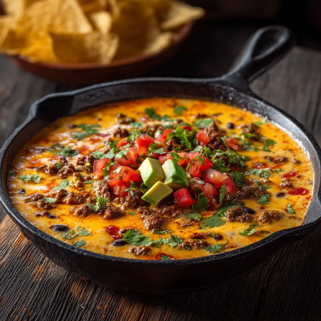 A bowl of Velveeta sausage dip being scooped with a tortilla chip. This illustrates an easy party dip that is perfect for any occasion.