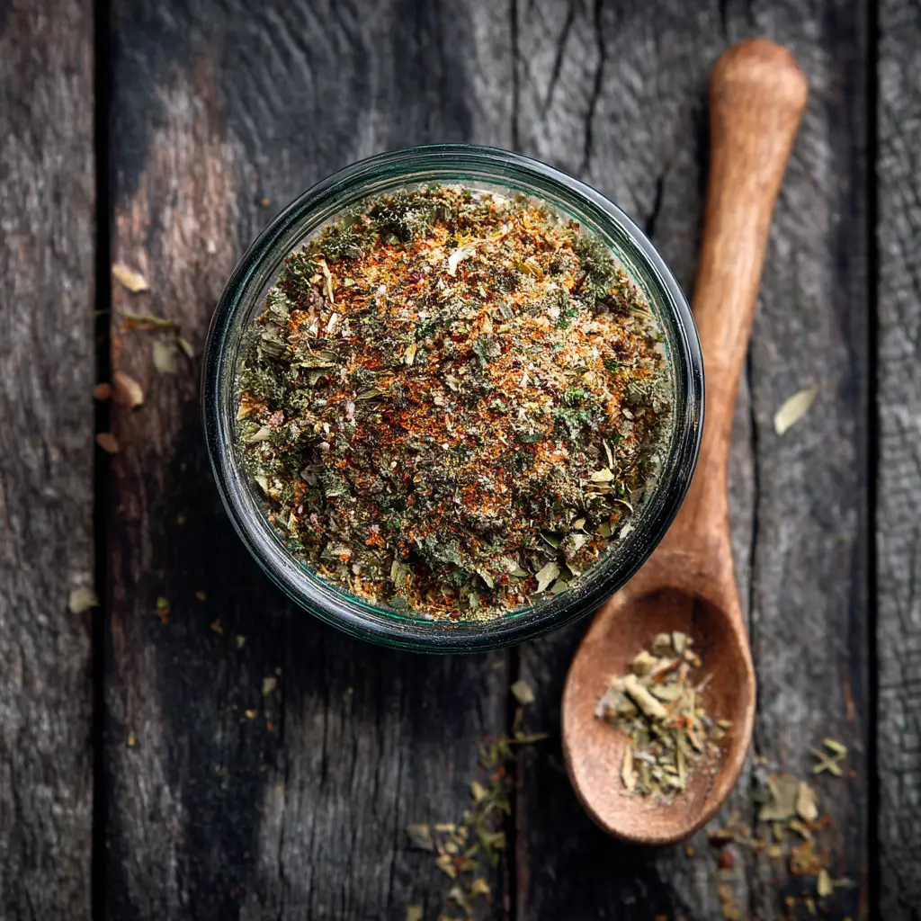 An overhead view of a small glass bowl filled with a savory pork sausage seasoning mix. Individual spices are visible in the blend.