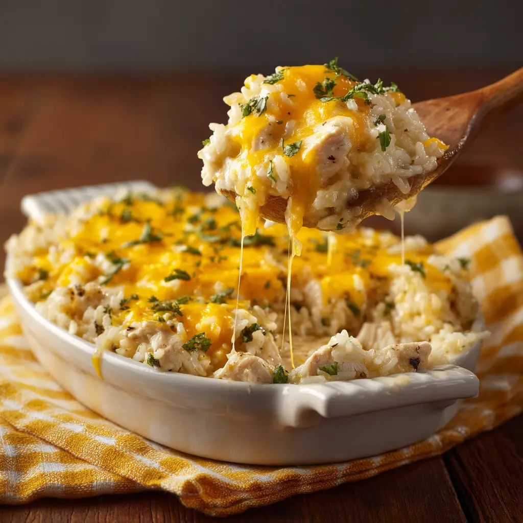 Another angle of a spoonful of crockpot chicken and rice, highlighting the tender shredded chicken and individual grains of rice in the cheesy sauce.