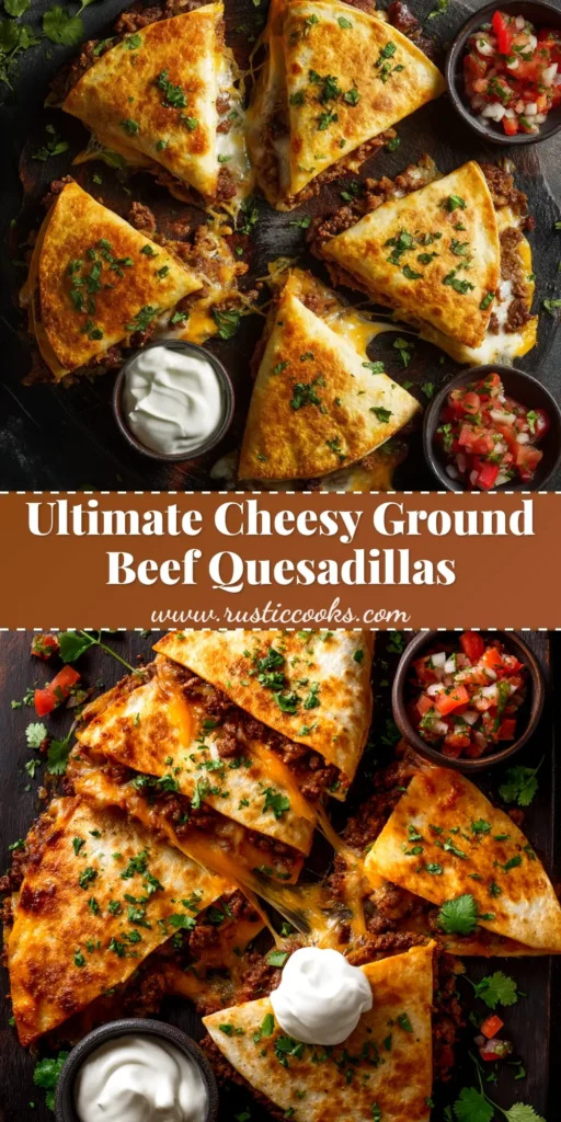A close-up shot of crispy, golden-brown ground beef quesadillas sliced into wedges and served on a platter, showcasing the cheesy, savory beef filling.