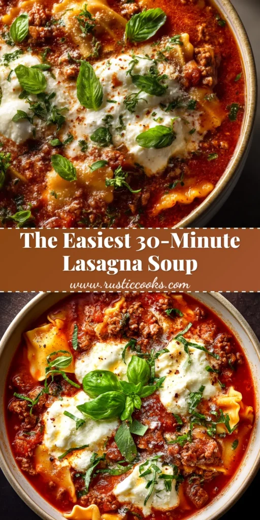 Lasagna Soup: The Ultimate One-Pot Comfort Meal 3 A bowl of rich and creamy Lasagna Soup topped with a dollop of ricotta cheese mixture and fresh parsley, ready to be eaten.