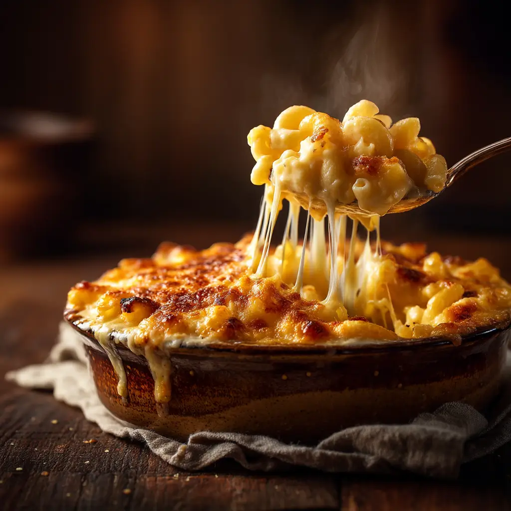 A close-up view of the rich and cheesy Velveeta mac and cheese texture.