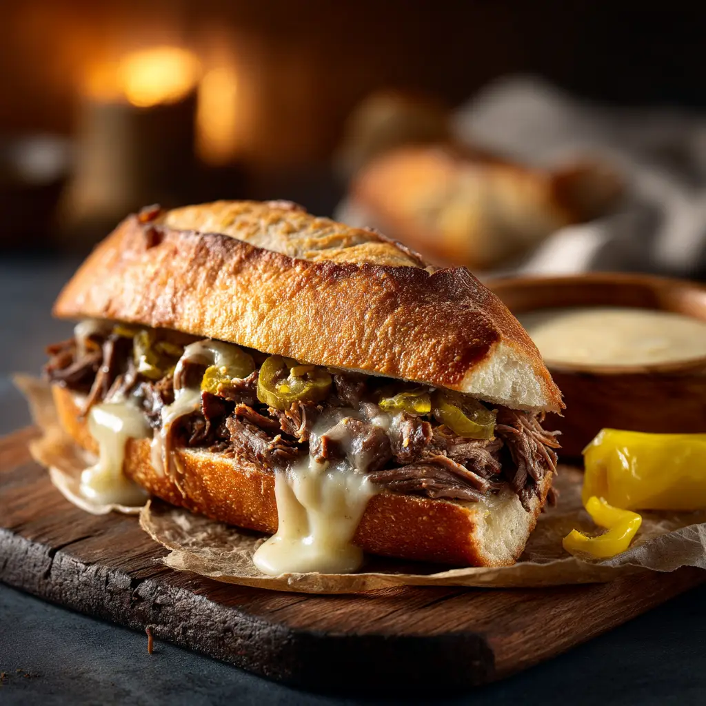 Mississippi Roast Sandwiches: The Ultimate Slow Cooker Recipe 1 A perfectly assembled Mississippi Roast Sandwich with melted provolone cheese, served on a plate.