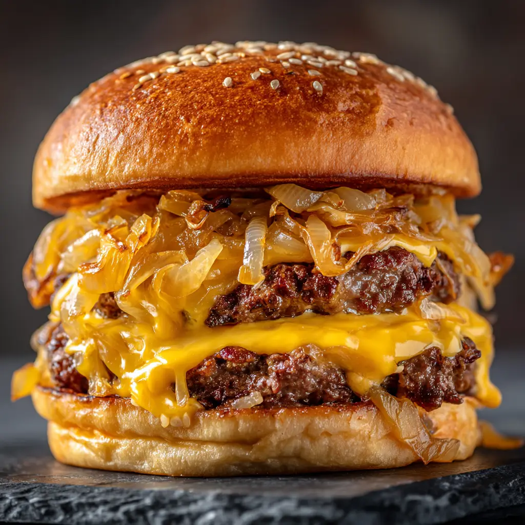 A final, assembled Oklahoma Onion Smash Burger with gooey melted American cheese on a soft, toasted potato roll, ready to be eaten.