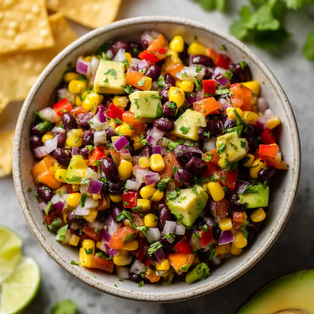 A close-up overhead shot of freshly made Texas Caviar in a serving bowl, highlighting the fresh cilantro, corn, and black-eyed peas.