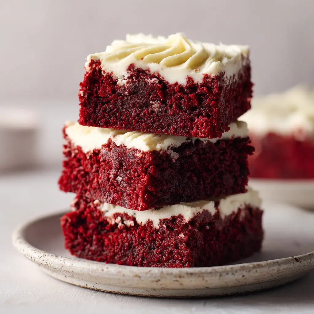 An overhead view of the red velvet brownies in a baking pan after being frosted with cream cheese frosting.