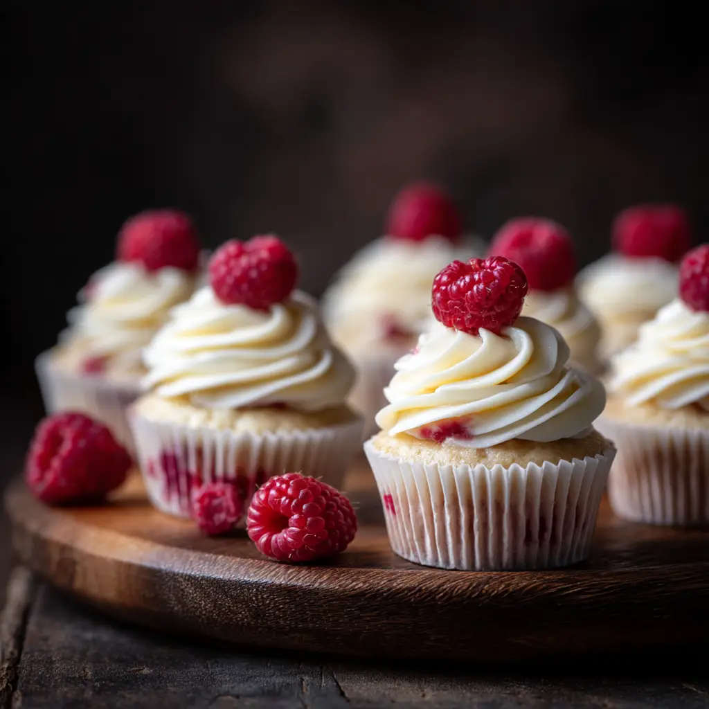 A close-up shot of the process of piping white chocolate buttercream onto a raspberry-filled cupcake.