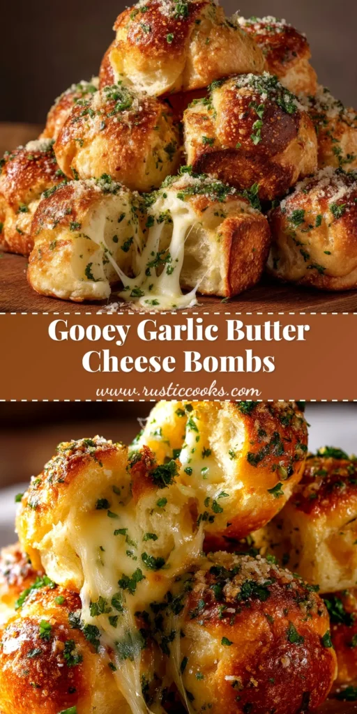 Garlic Butter Cheese Bombs (The Easiest, Cheesiest Appetizer) 4 A shareable pin image of Garlic Butter Cheese Bombs, showing golden brown biscuit balls covered in herbs with text overlay for Pinterest.